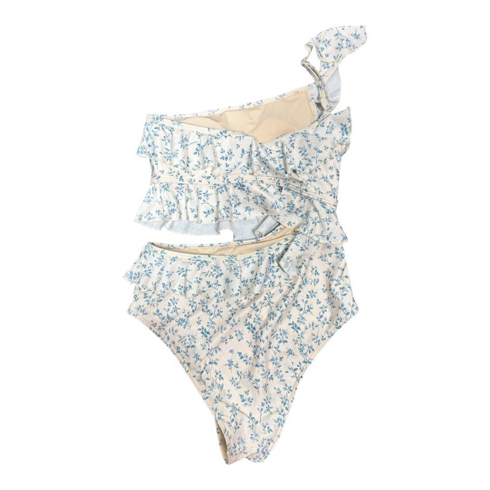 Peony Renaissance Ruffle One Piece Swimsuit AU8 S Blue Cream Floral Print Cutout - Picture 6 of 10